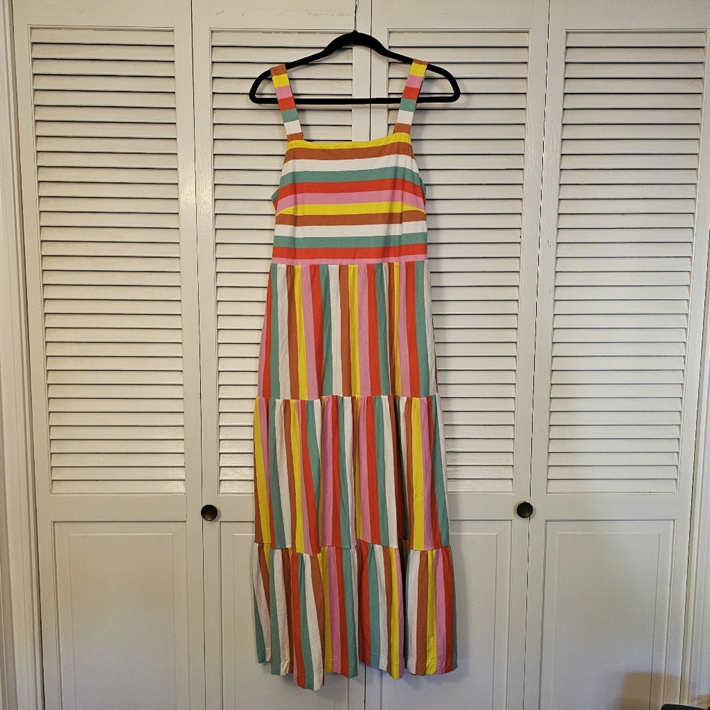J. Crew Colorful Cotton Maxi Dress in Tiered Rainbow Stripe Size Small